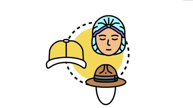 Headwear concept with a woman wearing a turban, a yellow baseball cap, and a fedora hat on a mannequin, showcasing different styles and uses for covering the head