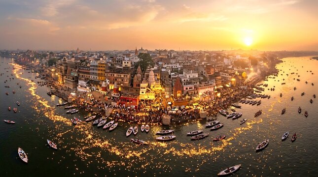Varanasi Ghat Sunset with Boats and Floating Lamps on Ganges River