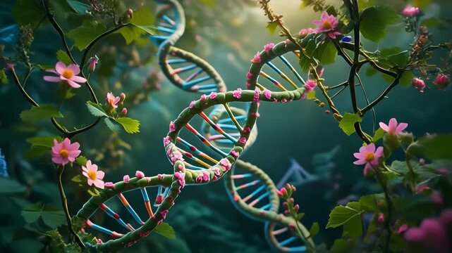 DNA Double Helix Growing With Flowers and Leaves, Symbolizing Life and Nature