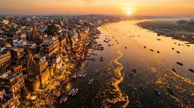 Varanasi Ghat Sunset with Floating Lamps and Boats on the Ganges River