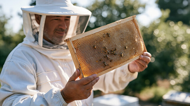 A beekeeper in protective suit photographed from a child seated low perspective, looking up at a towering apiarist lifting a full honeycomb frame outdoors, late retirement age