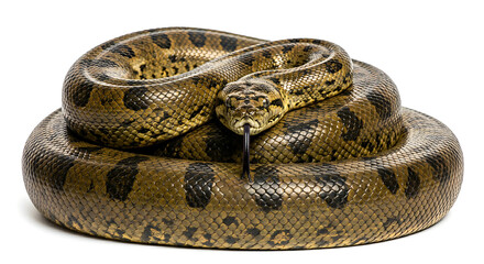 Fototapeta premium Close-up A single Carpet Python resting in a compact circular coil isolated on white background for wildlife design projects