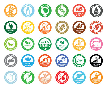 Gluten Lactose Free and Vegetarian Icon Set, Food Ingredient and Allergen Warning Symbols