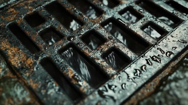 The manhole cover is old and rusted, with water dripping from it, suggesting recent rain.