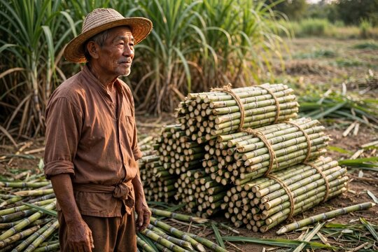 Rustic Asian Farmer Standing Among Harvested Sugarcane Stalks