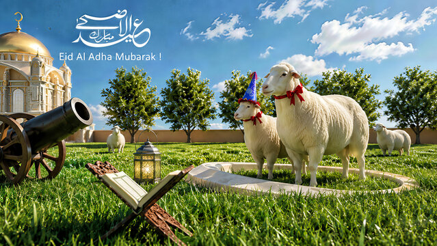 Eid Al Adha Mubarak 3D Illustration with Mosque, Sheep, Quran and Islamic Celebration