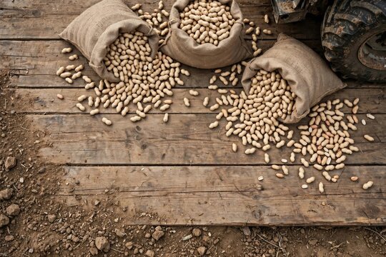 Rustic Burlap Sacks with Spilled Beans on Aged Wood