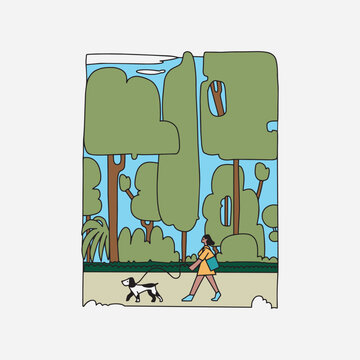 Woman walking dog near a green park. Vector illustration