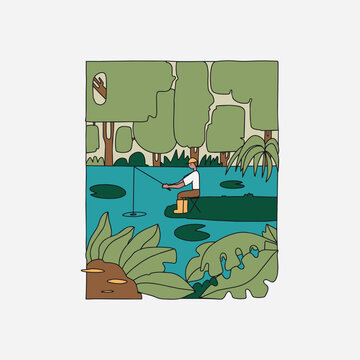 Fishing in forest, peaceful nature and outdoor recreation. Vector illustration