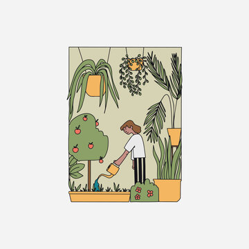 Woman watering houseplants, indoor gardening and plant care. Botanical vector illustration