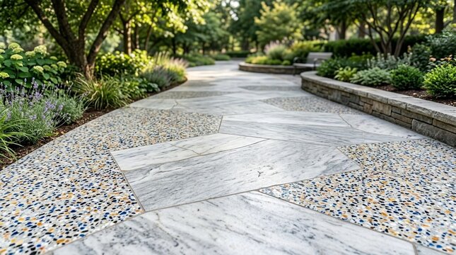 Decorative Garden Path with Stone and Gravel Accents, Lush Greenery, and Trees