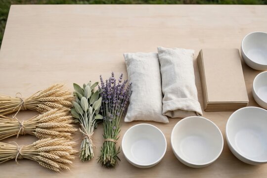 Rustic Still Life of Dried Wheat, Lavender, and Natural Herbs