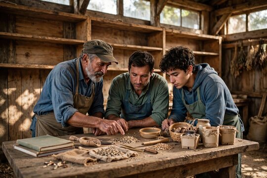 Rustic Workshop: Men Collaborating on Craftsmanship and Goods