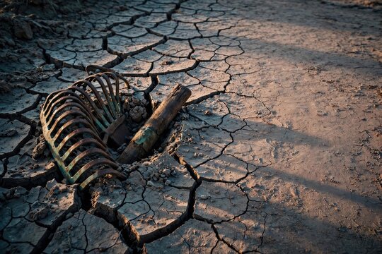 Rusty Machinery on Cracked Arid Earth During Drought
