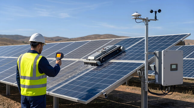 Automated solar panel cleaning robot with technician holding thermal camera photo, solar power maintenance worker inspecting panel modules, and renewable energy technology graphic.