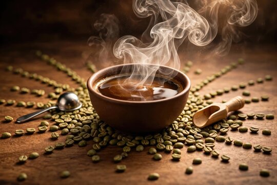 Steaming Coffee Cup with Beans on Rustic Wooden Surface