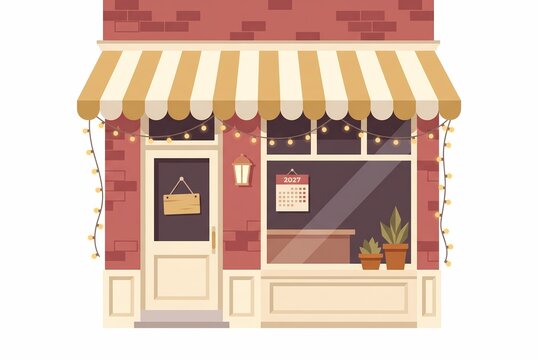 small business storefront with 2027 calendar and blank sign flat illustration - ai generated