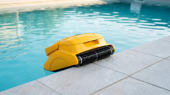 Yellow automatic robotic pool cleaner machine sitting on the edge of a bright blue swimming pool