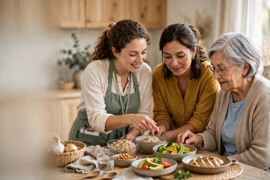 Three Women Cooking Together in a Warm Kitchen Setting