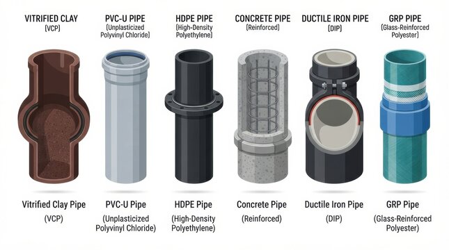 This shows various types of pipes used in underground drainage systems. Each material has unique properties for stormwater management.