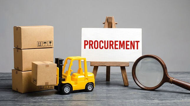 Procurement and logistics business concept featuring miniature forklift, cargo boxes and magnifier