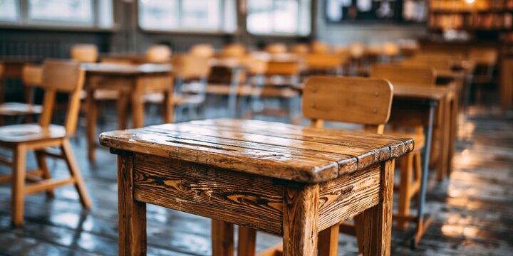 Rustic wooden table with visible grain in sharp focus, surrounded by blurred chairs and tables in a cozy indoor dining area; warm light reflects on the floor