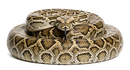 Fototapeta premium A single Burmese Python resting peacefully in an elegant circular coil isolated on white background for design and education