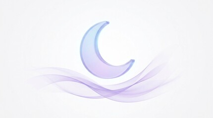 Glossy 3d glass crescent moon hovering over elegant flowing violet waves representing tranquility, sweet dreams, and peaceful bedtime © Abuumar