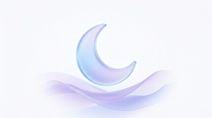 Translucent glass crescent moon floating above smooth purple wave ribbon symbolizing serenity, peaceful sleep, and modern night concept © Abuumar