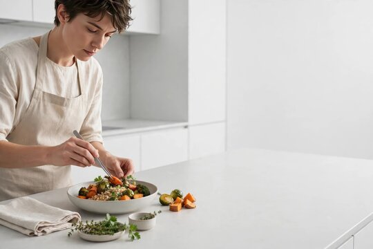 Woman Preparing Healthy Meal in Modern Kitchen Setting