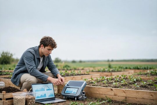 Young Man Examining Crops in Outdoor Garden Field
