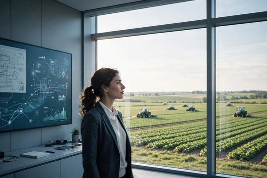 Young Professional Woman Viewing Scenic Landscape from Modern Office