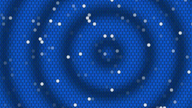Abstract blue geometric mosaic background with shifting circular ripple waves and sparkling hex tile