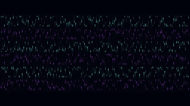 Abstract digital data rain loop with glowing purple and teal vertical particles on black background