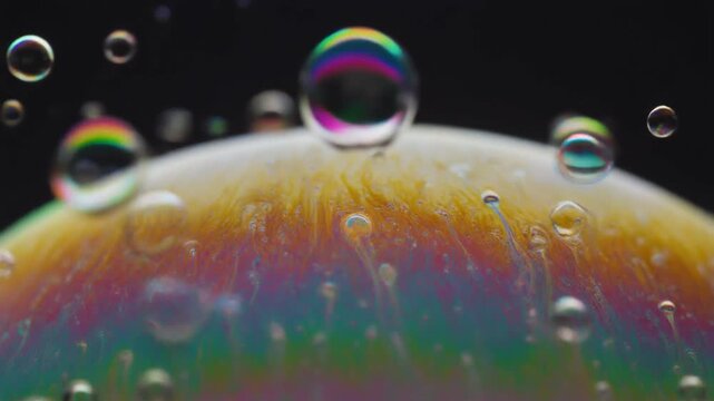 Macro Shot of Rainbow Soap Bubbles Reflecting Light and Water Droplets on Dark Background