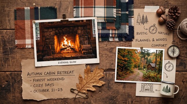 Autumn Cabin Retreat Mood Board on Wooden Table