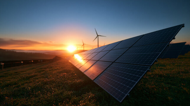 Solar Panels and Wind Turbines in Field at Sunrise