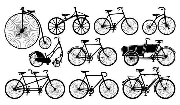 Antique Bicycle Silhouette Set, Victorian Classic Old Bike and Vintage Cycle Vector