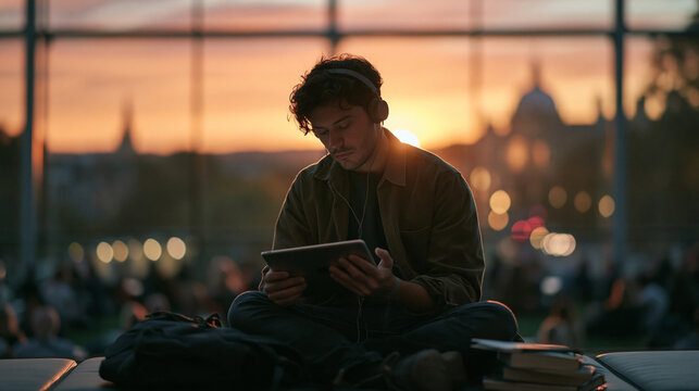 Young Man Using Digital Tablet and Headphones at Sunset