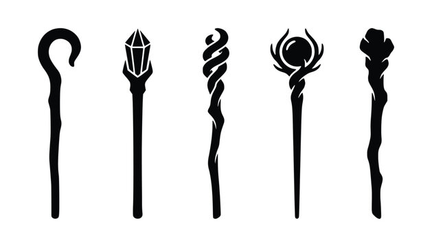 Magic wizard staff black silhouette set featuring crystal orb and wooden spiral details ideal for fantasy game design assets and mystical symbols.