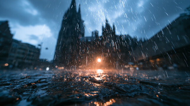 Heavy Rain Falling on Wet Cobblestone Street at Dusk