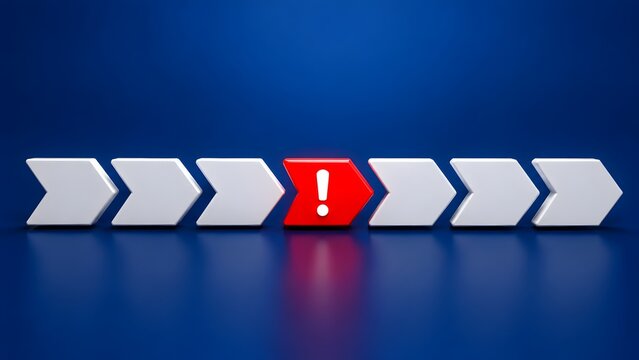 Red warning arrow with exclamation mark disrupting flow of white arrows in a line indicating workflow error or process bottleneck