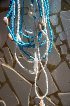 Blue and white beaded necklaces