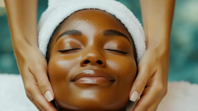 Woman relaxes with hands gently supporting her face. Her eyes are closed, showing calm and comfort. Soft towel covers her head. Skin glows under gentle care. Background is blurred