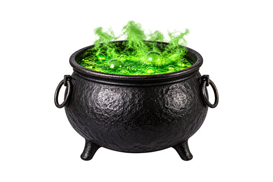 Black witch cauldron filled with bubbling glowing green potion and magical smoke, isolated on a white background, Halloween witchcraft and fantasy concept.