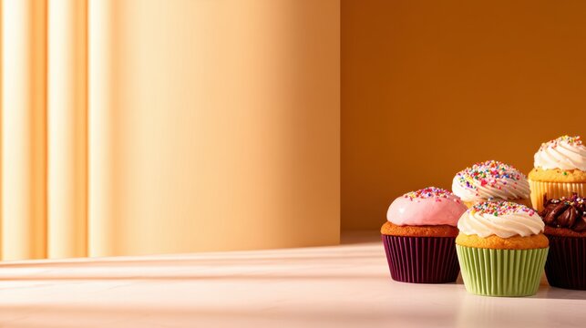A collection of colorful cupcakes with sprinkles on a soft gradient background of orange hues