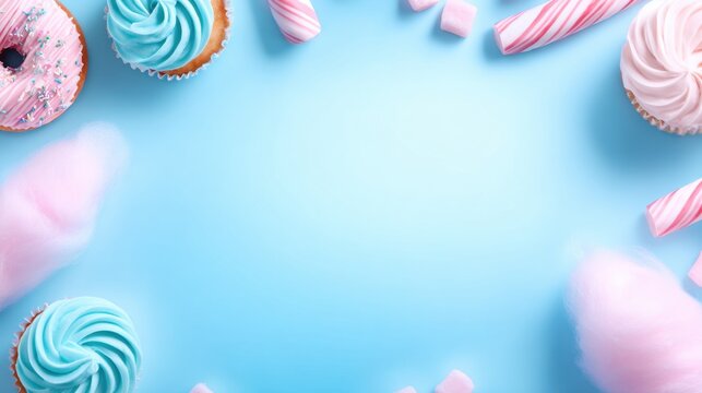 Colorful cupcakes and candy arranged around a light blue background, creating a festive feel