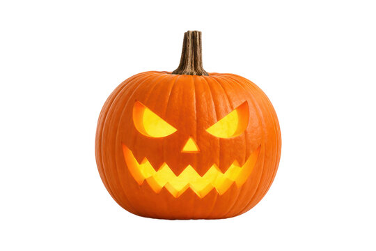 Glowing carved Halloween jack-o'-lantern pumpkin with an angry spooky face isolated on a clean white background, perfect for seasonal decoration, horror themes, and October celebrations.