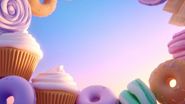 Colorful arrangement of desserts featuring cupcakes and donuts against a pastel sky backdrop