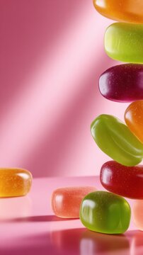 Colorful jelly candies are stacked elegantly, casting soft shadows on a pink background